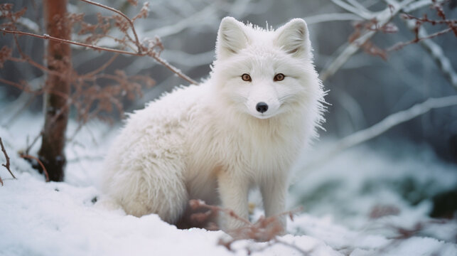 An enchanting image of an albino fox, its fur resembling freshly fallen snow as it stands as an emissary of the winter landscape.