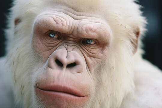 A poignant portrait of an albino gorilla, the wisdom reflected in its eyes heightened by the lack of pigmentation in its fur.
