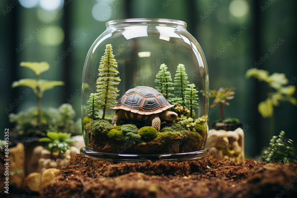 Poster a serene image of a miniature turtle in a pastel-toned terrarium, radiating tranquility against the 