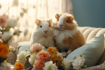 A dreamy photo featuring guinea pigs in a state of pure delight, their fuzzy coats harmonizing with the gentle pastel palette of the studio.
