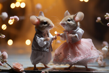 A whimsical scene of mice engaged in a tiny waltz, their dainty forms creating a magical atmosphere against pastel studio hues.