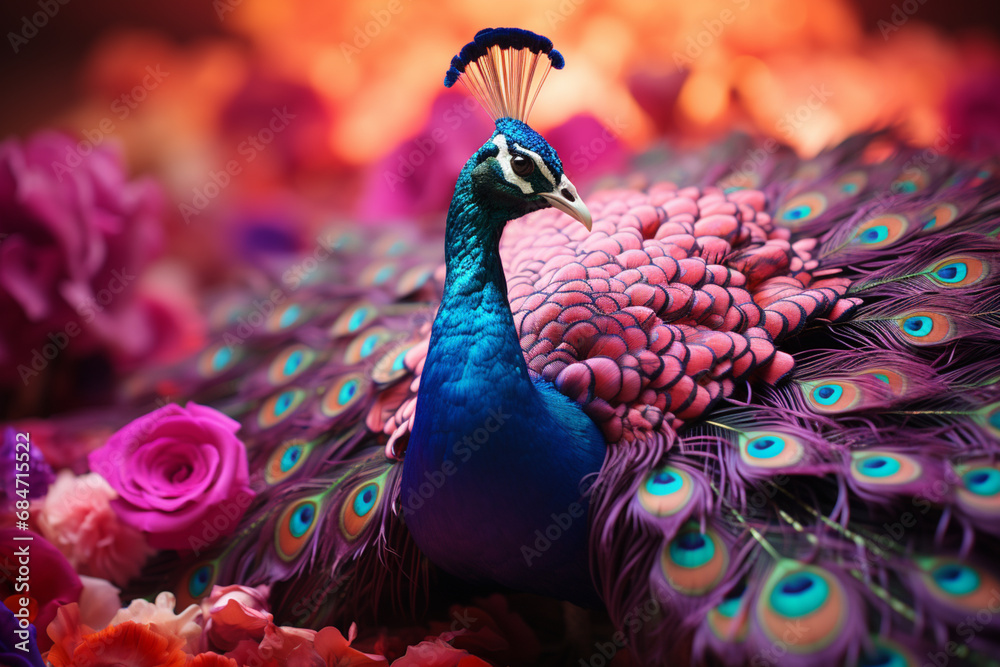 Poster a peacock captured in a majestic prance against a pastel paradise, its iridescent feathers creating 