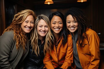 Four young women with  smile look directly at the camera, International Women's Day, March 8. - obrazy, fototapety, plakaty