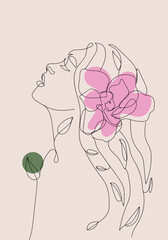 One line art portrait of beautiful woman with flower Vector illustration