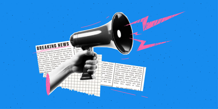 Halftone collage hand a hold loudspeaker. Breaking news concept. Newspaper clippings and doodles. Contemporary vector illustration.
