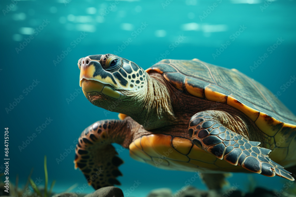 Poster A serene turtle on a pastel green surface, the texture of its shell and calm expression making for a captivating image.