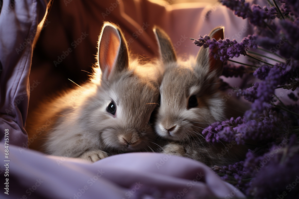 Poster a pair of bonded rabbits snuggling on a lavender cushion, their noses touching in a heartwarming dis