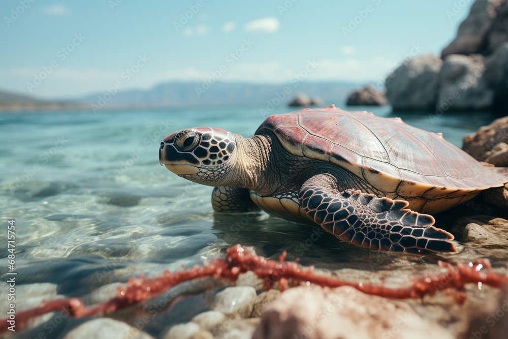 Poster A serene turtle basking on a soft pink rock, its textured shell and composed demeanor making for a tranquil image.