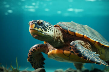 A serene turtle on a pastel green surface, the texture of its shell and calm expression making for a captivating image.