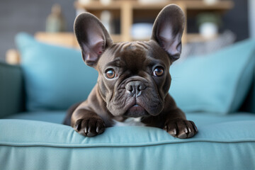 An adorable French Bulldog puppy with large expressive eyes, perched on a mint green pillow, exuding charm.