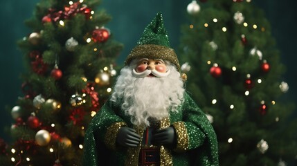 Obraz premium Smiling festive dwarf in green clothes with a big white beard near a decorated Christmas tree