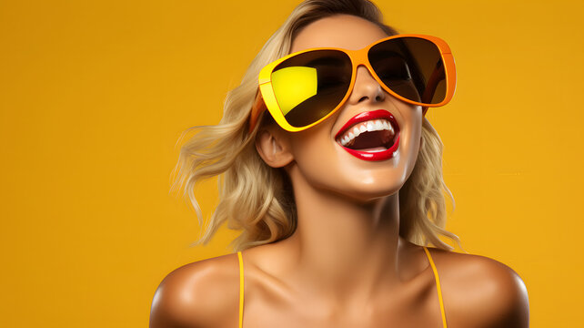 Happy young and smiling woman with copy space. Well dressed against solid background.