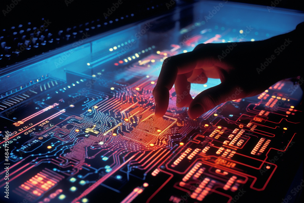 Poster Close-up of a person interacting with abstract digital interfaces, illustrating the seamless integration of humans and technology in interface design.