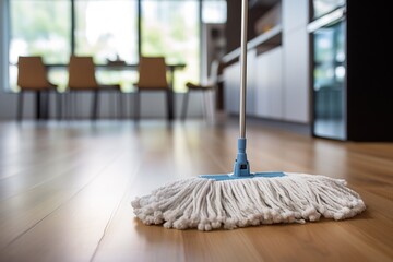 Detailed close-up of a mop, ready to tackle any mess on your sleek wooden floors.