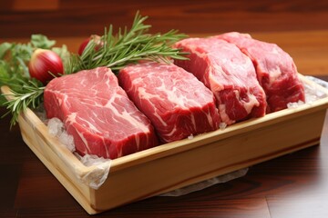 A wooden tray filled with various cuts of raw meat placed on top of a sturdy table.