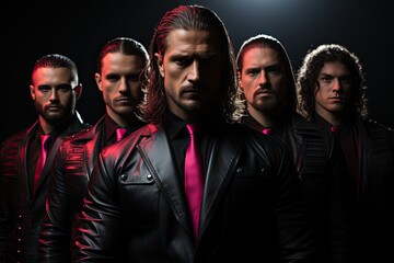 Men in black suits and pink tie