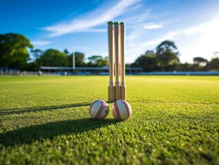 A vibrant cricket pitch with perfectly aligned stumps, ready for an exciting match to begin. - obrazy, fototapety, plakaty