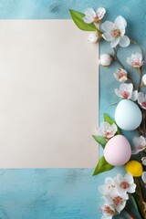 Naklejka na ściany i meble Blank white paper with space for message on blue background decorated with Easter eggs and white flowers. Paper with copy space. Happy Easter.