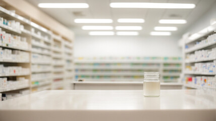 Empty table with pharmacy background for displaying medicine products, antibiotics, cosmetology, and aesthetic products.
space for text.