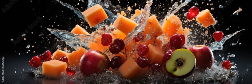 Poster various types of fruit, such as apples, oranges, and grapes, falling into water, creating a dynamic 