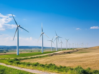 A picturesque wind farm with sleek, contemporary turbines capturing sustainable and renewable energy.