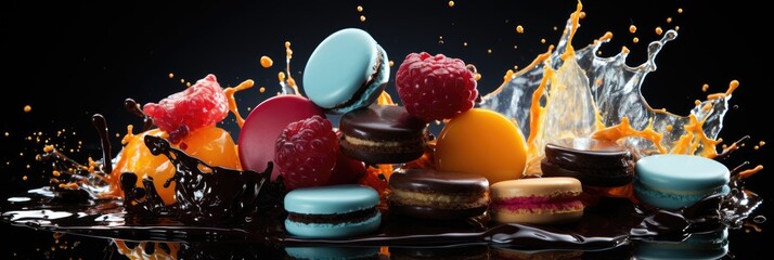 dynamic explosion of Assorted macarons and candy, with vibrant hues and particles suspended in motion against a dark, dramatic background, creating a sense of celebration and indulgence