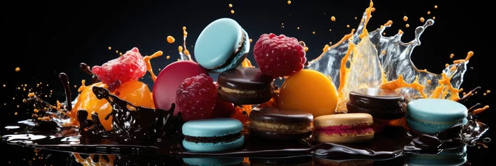 Fototapeten dynamic explosion of Assorted macarons and candy, with vibrant hues and particles suspended in motion against a dark, dramatic background, creating a sense of celebration and indulgence © nnattalli