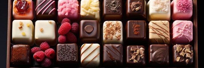 A box filled with various types of chocolates neatly arranged and ready to be enjoyed. - Powered by Adobe