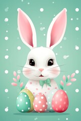 
A white rabbit and a red, yellow and green Easter egg on a pastel green background. Illustration. Happy Easter.