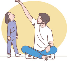 Father measuring her daughter's height. Vector illustration.