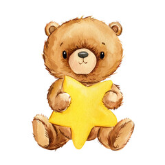 Cute teddy bear with star isolated on white background. Watercolor hand draw illustration, teddy bear art poster