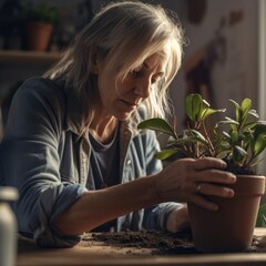 Woman is looking at a plant in a pot.