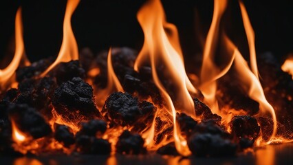Fototapeta premium fire in the fireplace A burning texture with a black backdrop and a smooth gradient of orange fire 