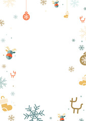 chrichristmas frame with snowflakes. New-Year winter background. Vector illustration. Christmas white frame. Christmas snowflakes holiday ice ornament banner frame with balls and snowflakes
