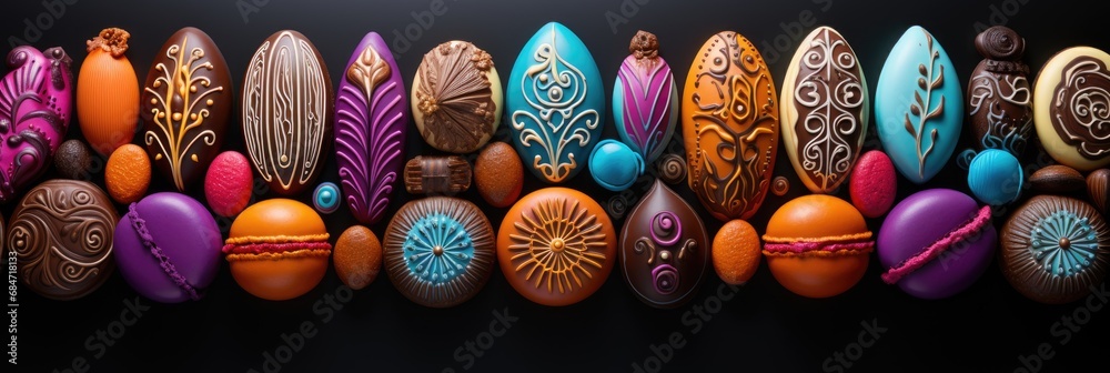 Aufkleber A vibrant collection of painted chocolate eggs neatly piled on top of each other, showcasing various colors and patterns.
