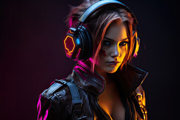 Young cyberpunk woman, immersed in music with headphones, exuding modern style and vibrant nightlife energy.