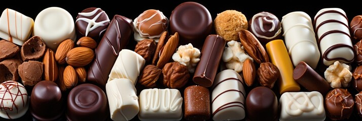 Assorted chocolate candies, top view - obrazy, fototapety, plakaty