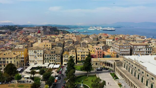 Panoramic view of Kerkyra, capital of Corfu island, Greece. Aerial drone view of Kerkyra with beautiful buildings during summer sunny day. Corfu island, Greece.