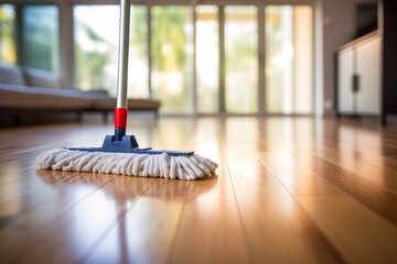 Detailed close-up of a mop, ready to tackle any mess on your sleek wooden floors.