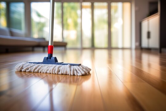 Detailed close-up of a mop, ready to tackle any mess on your sleek wooden floors.