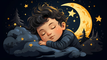 Cartoon kid boy sleep at night, wake up at morning.