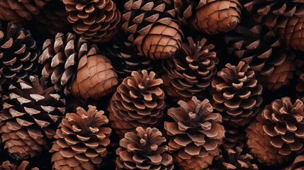 Beautiful texture background of Christmas tree cones. Pine cones closeup. Stylish pattern. Holiday...