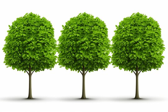 This image features three identical, healthy, and vibrant green trees with a full canopy of leaves. The trees are isolated on a pure white background, providing a bright and natural element to any