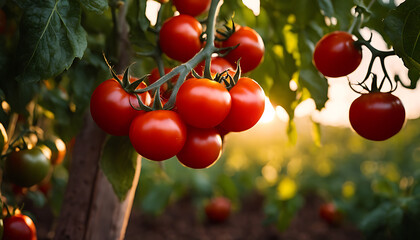 A bountiful tomato garden features vines heavy with ripe red tomatoes illuminated by sunlight, showcasing nature's seasonal abundance - obrazy, fototapety, plakaty