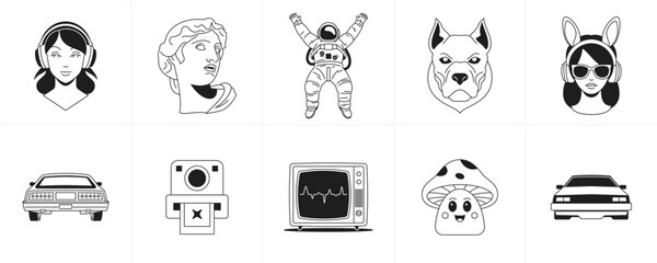 Retro groovy surreal trendy cartoon characters monochrome line elements icon set vector