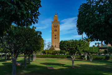Morocco. Marrakesh. The minaret of the Koutoubia mosque with gardens