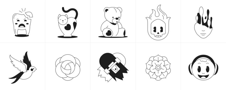 Trendy retro groovy stickers monochrome cartoon characters and elements line icon set vector