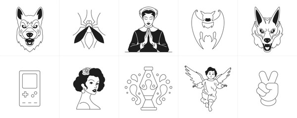 Monochrome retro groovy stickers cartoon characters and elements line icon set vector illustration