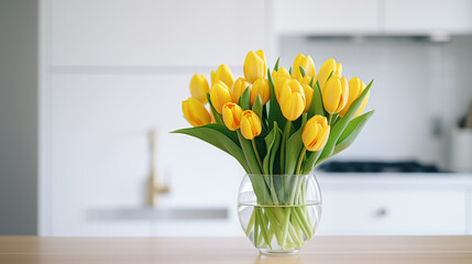 Bouquet of yellow tulips in a beautiful vase on table. Beautiful spring fresh flowers. Bright room flooded with sun. Floral romantic mood. Springtime blossom, tulips bunch. Happy holiday. Generated AI