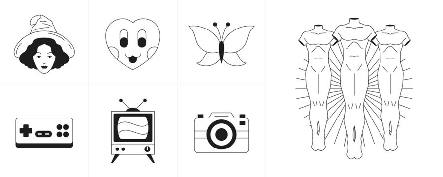 Trendy surreal retro groovy cartoon characters and elements monochrome icon set vector